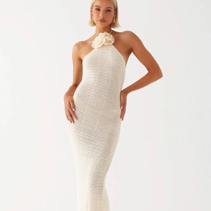 Damen Häkel-Maxikleid mit hohem Schlitzausschnitt EB