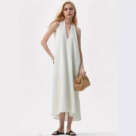 Damen Elegantes Maxikleid mit tiefem V-Ausschnitt und fließendem Stoff EB