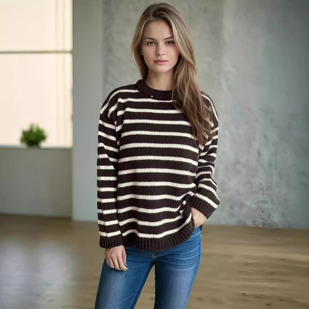 Damen lässiger Strickpullover mit breiten Streifen und lockerer Passform EB