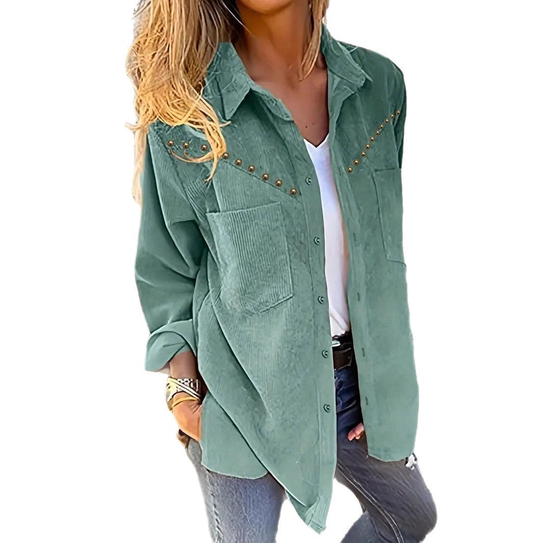 Damen Cordbluse mit eleganten Druckknöpfen und praktischen Taschen EB