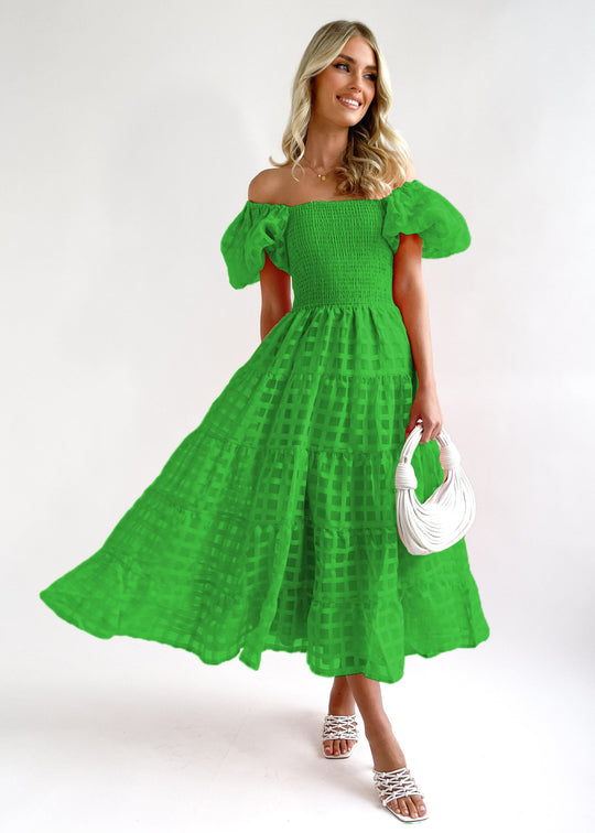 Damen Luftiges Maxikleid mit schwingendem Rock und voluminösen Puffärmeln EB