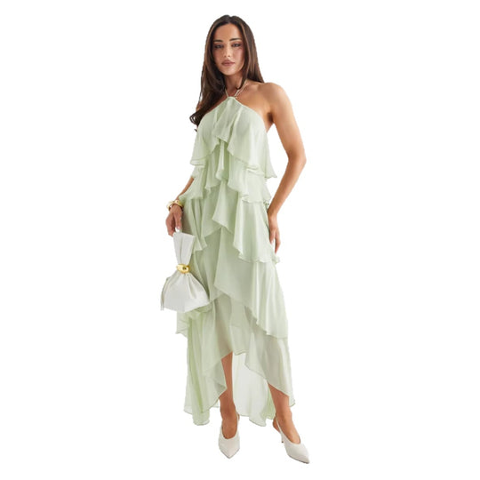 Damen Luftiges Chiffon-Maxikleid mit Rüschendetails und elegantem Halterneck EB