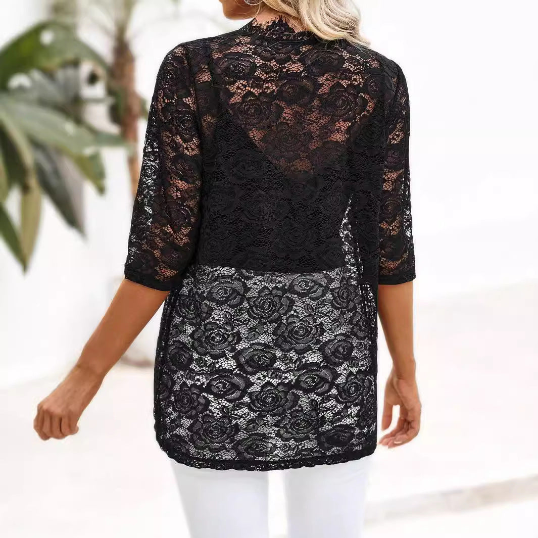 Damen Spitzencardigan mit romantischem Design und langem Arm EB