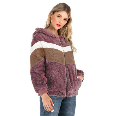 Damen Fleecejacke mit kontrastierenden Streifen und Kapuze EB