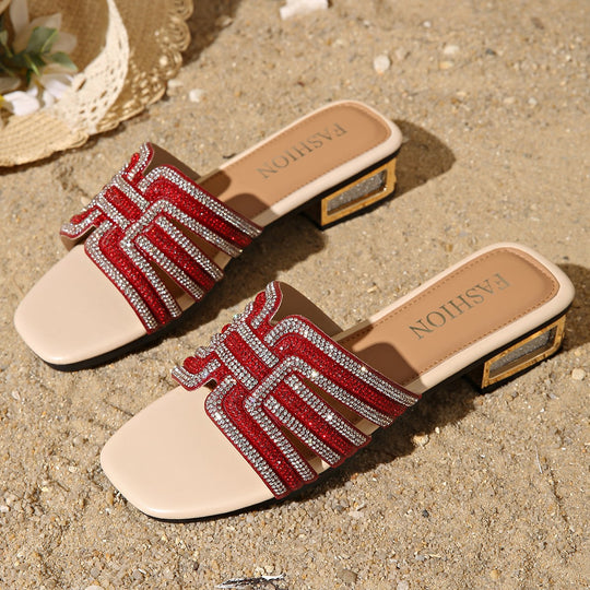 Damen eleganten Strandsandalen mit funkelndem Schmuckdesign und komfortablem Blockabsatz EB