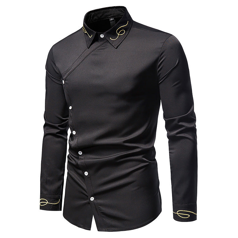 Herren Elegantes Langarmhemd mit asymmetrischem Knopfdesign und gesticktem Kragen EB