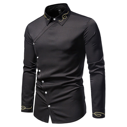 Herren Elegantes Langarmhemd mit asymmetrischem Knopfdesign und gesticktem Kragen EB
