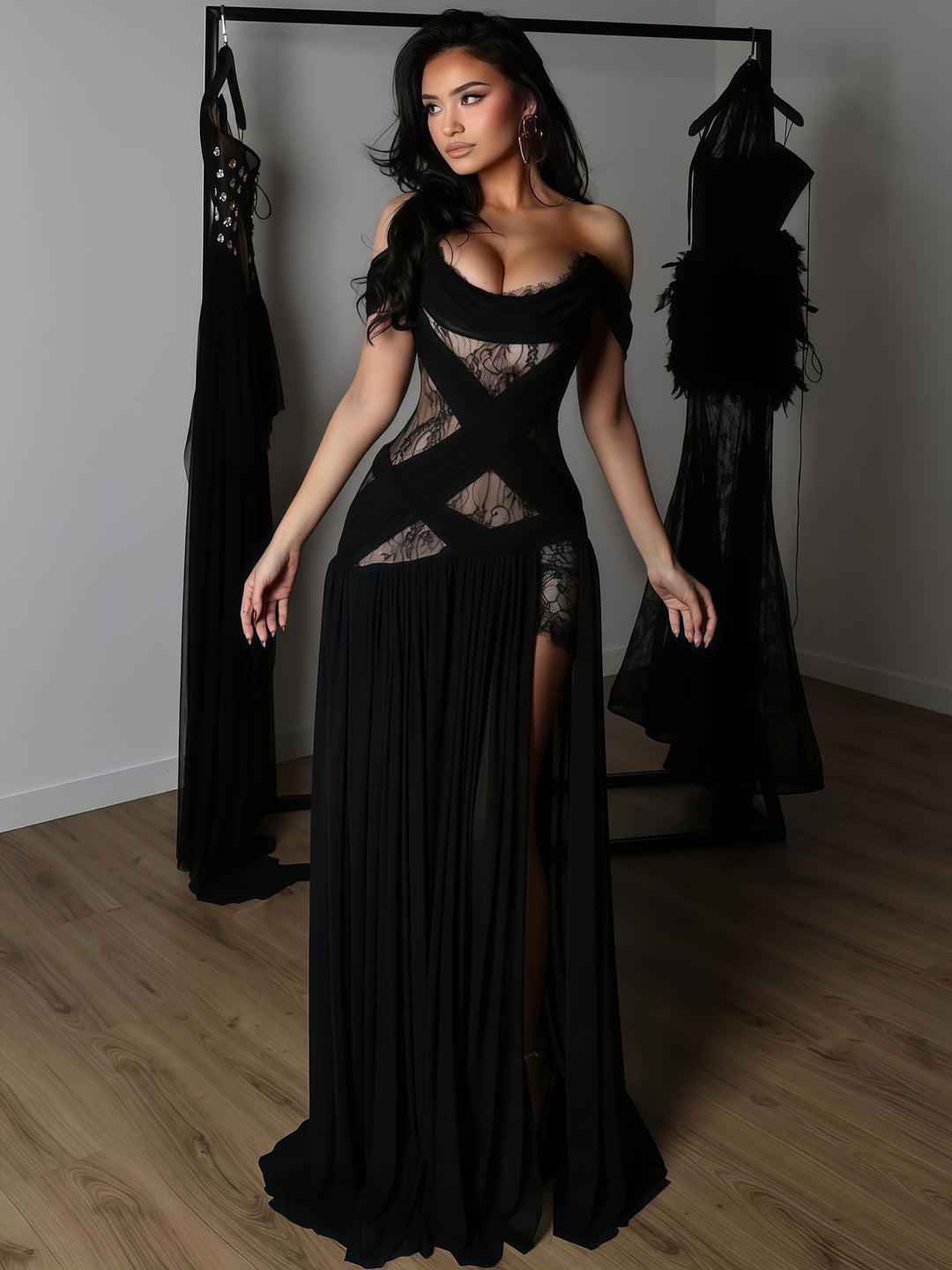 Damen Elegantes Spitzenkleid mit tiefem Schlitz und trägerlosem Schnitt EB