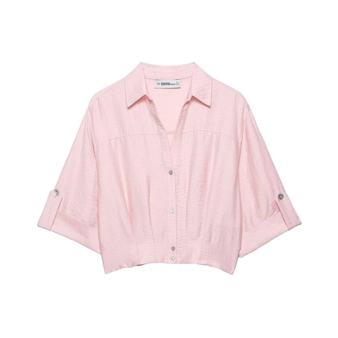 Damen kurzärmlige Bluse mit lässigem Schnitt und stylischem Kragen EB