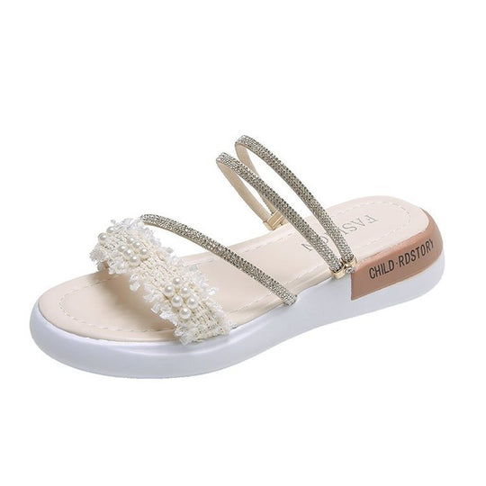 Damen modische Riemchen-Sandalen mit Perlenschmuck und gepolsterter Sohle EB