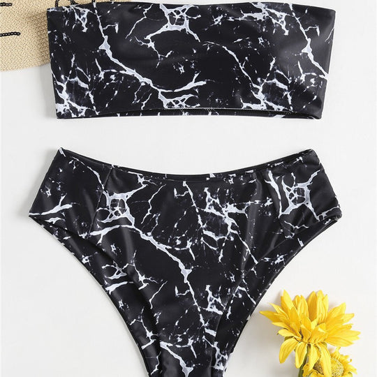 Damen Bandeau-Bikini mit elegantem Marmormuster EB