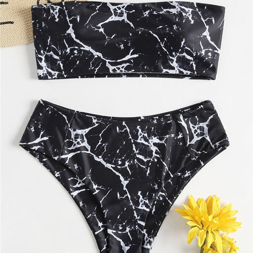 Damen Bandeau-Bikini mit elegantem Marmormuster EB
