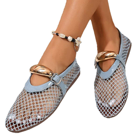 Damen atmungsaktive Mesh-Ballerinas mit dekorativen Schnallen und rutschfester Sohle EB