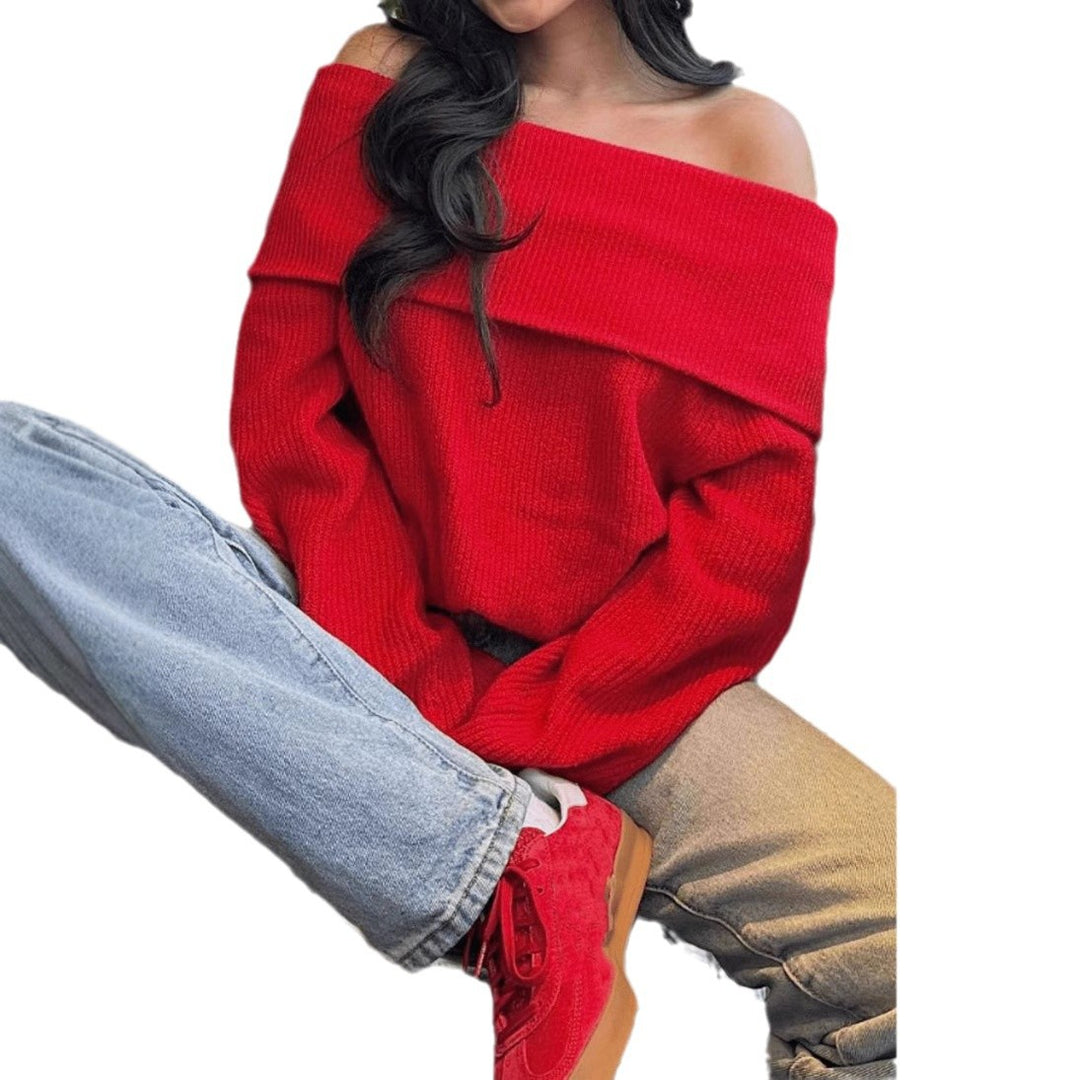 Damen Off-Shoulder Kuschel-Feinstrickpullover mit weitem Umschlagkragen und langen Ärmeln EB