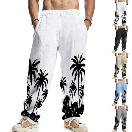Herren nan weite Freizeit-Hose aus Baumwoll-Leinen-Mix mit Palmenprint, Elastikbund und Kordelzug EB
