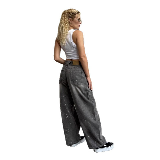 Damen Weite High-Waist Jeans mit kreativen Farbklecksen EB