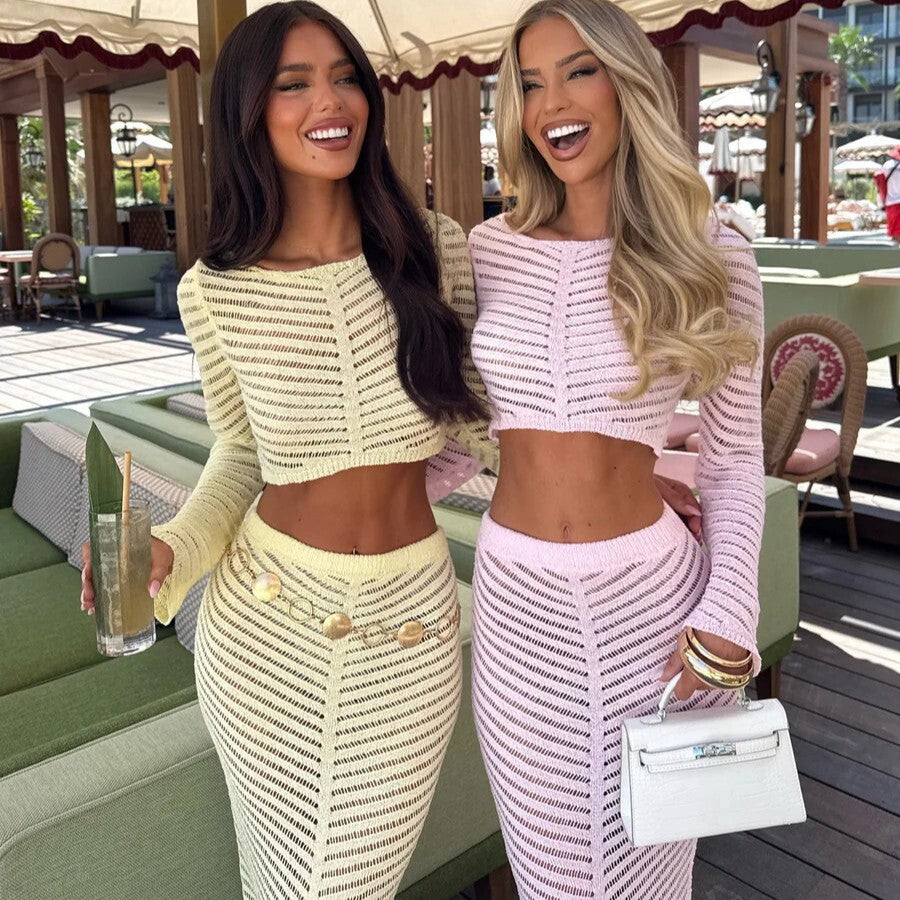 Damen elegantes gehäkeltes Set mit langärmligem Crop-Top und figurbetonendem Rock EB