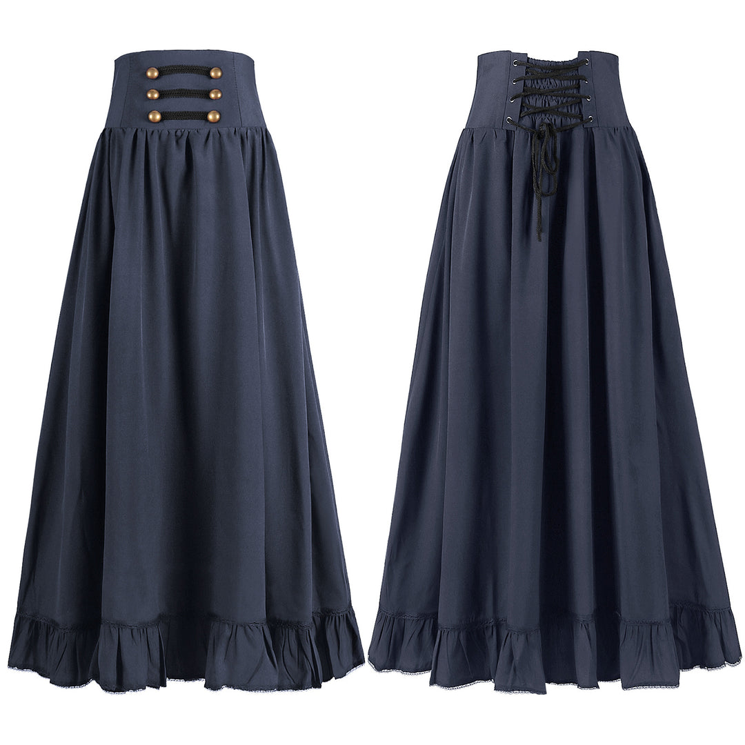 Damen nan langer Highwaist Rock mit Korsettbund, Volantsaum und dekorativen Knöpfen Eb