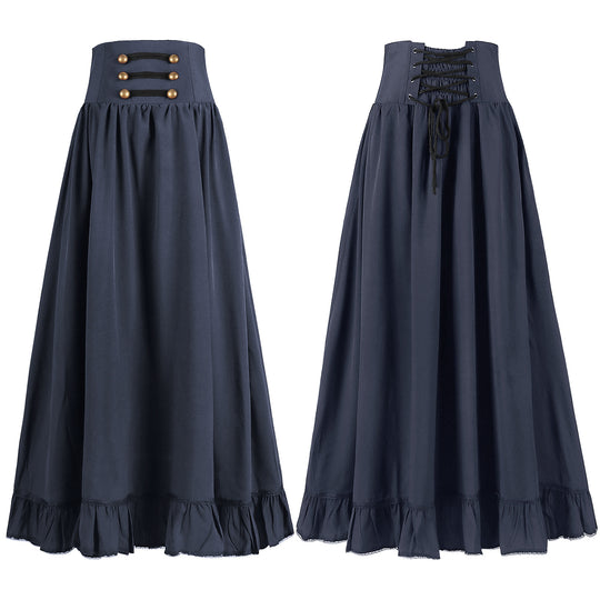 Damen nan langer Highwaist Rock mit Korsettbund, Volantsaum und dekorativen Knöpfen Eb
