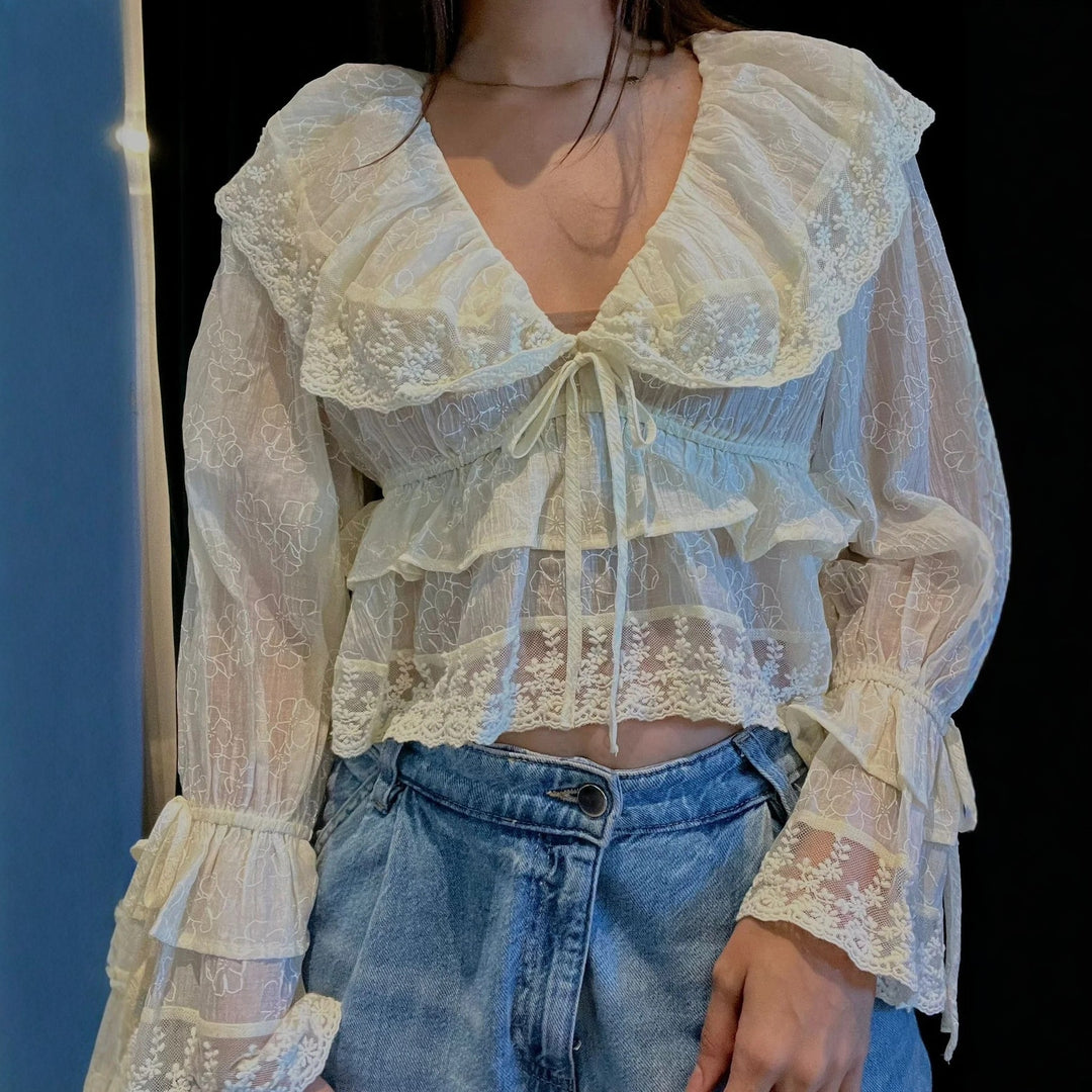 Damen romantische Bluse mit Spitzenverzierungen und Rüschendetails EB