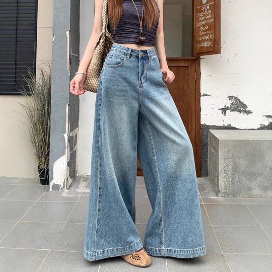 Damen Weite Denim-Hose mit lässigem Schnitt und hoch tailliertem Design EB