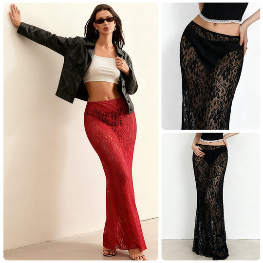 Damen Ansprechender Spitzenrock mit hohem Schlitz und elegantem Taillierungsdesign EB