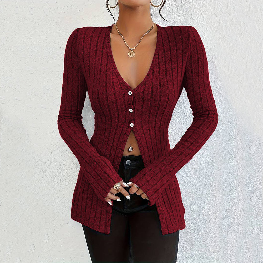 Damen gerippter V-Ausschnitt-Cardigan mit Knopfleiste taillierter Longline-Silhouette Eichborn Berlin