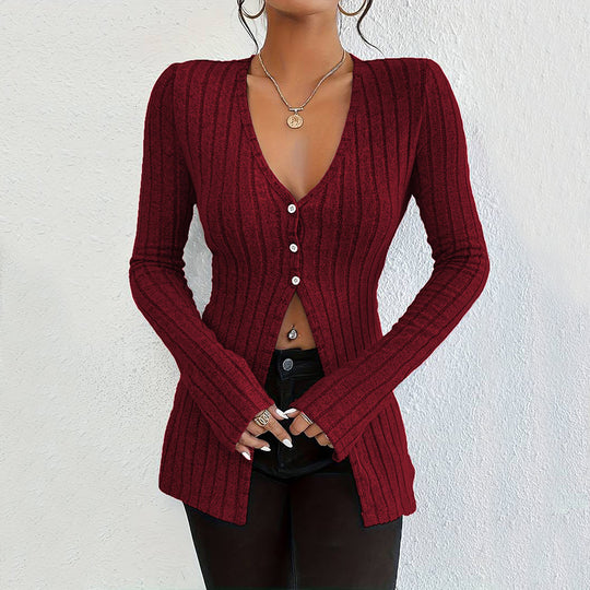 Damen gerippter V-Ausschnitt-Cardigan mit Knopfleiste taillierter Longline-Silhouette Eichborn Berlin