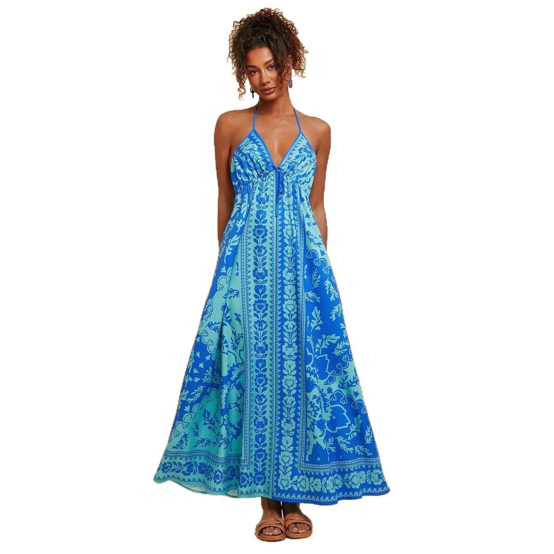Damen Maxikleid mit tiefem V-Ausschnitt und floralen Musterdetails EB