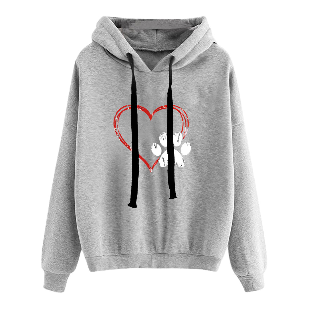 Damen nan lässiger Oversize Kapuzenpullover mit Herz‑und‑Pfotenprint, Kordelzug und gerippten Bündchen EB