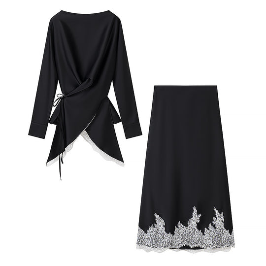 Damen elegante Wickelbluse mit Spitzenbesatz und passendem Rock EB