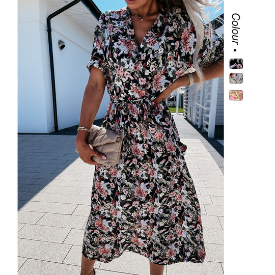Damen Wickelkleid mit floralem Muster und Taillengürtel EB