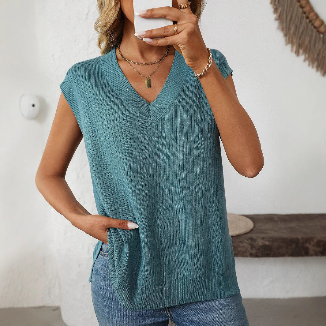 Damen elegantes Stricktop mit V-Ausschnitt und feiner Rippstruktur EB