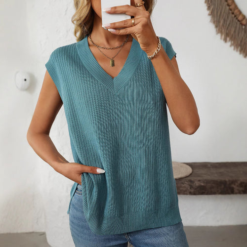 Damen elegantes Stricktop mit V-Ausschnitt und feiner Rippstruktur EB