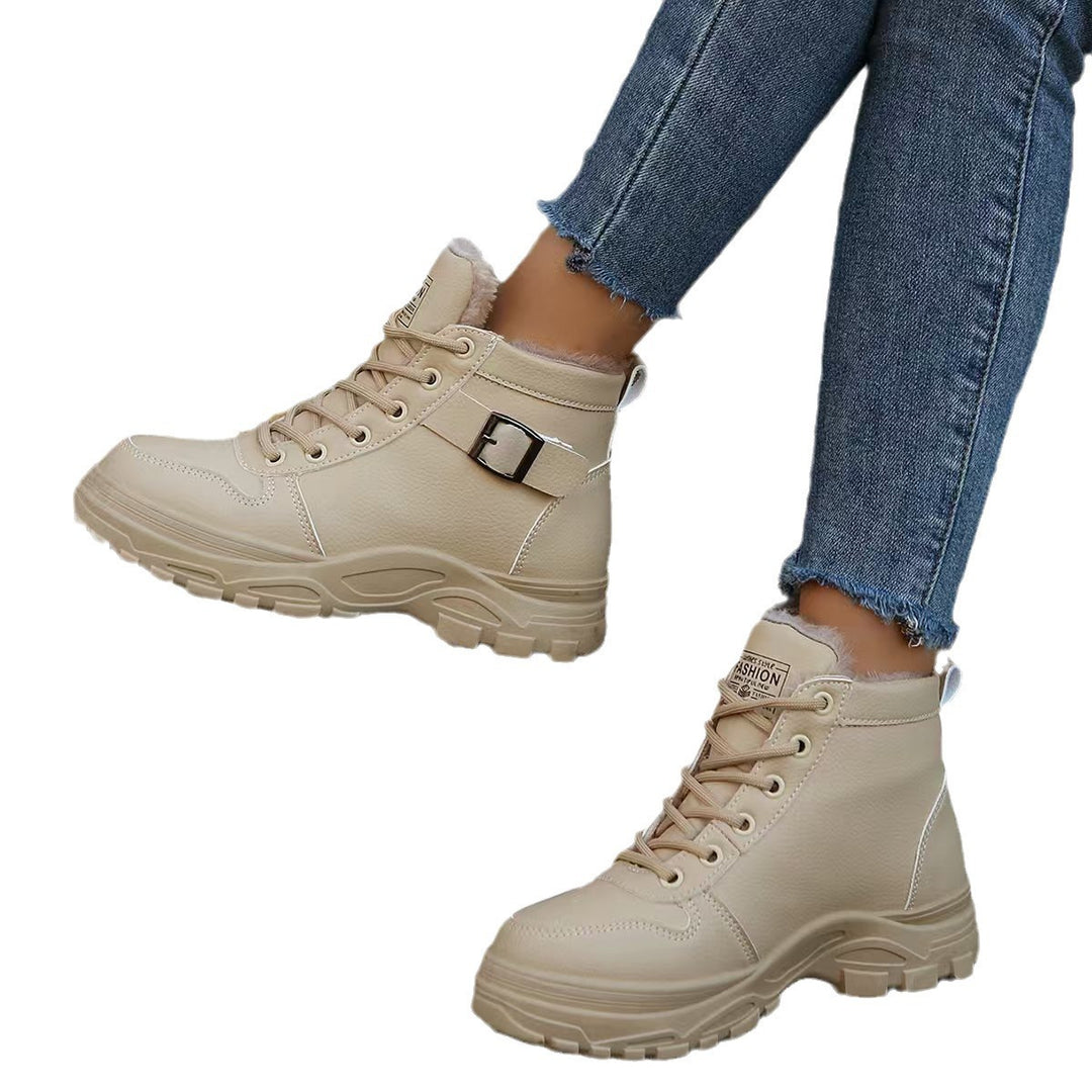 Damen  gefütterte Plateau-Schnürstiefelette mit dekorativer Metallschnalle und profilierter Gummilaufsohle EB