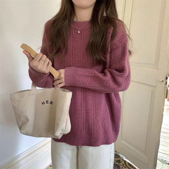 Damen Grobstrickpullover mit modernem Zopfmuster und hohem Rundhalsausschnitt EB