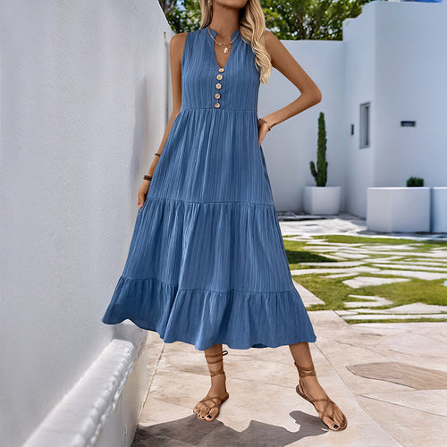 Damen Midikleid mit Knopfleiste und voluminösen Rüschendetails EB