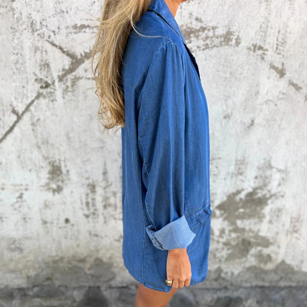 Damen lässige Denim-Blazerjacke mit eleganten Details und lockerer Passform EB