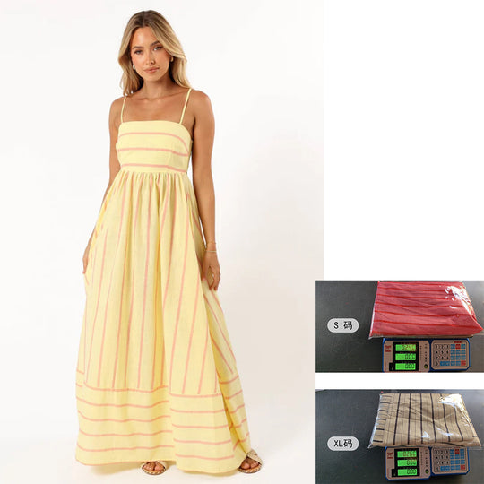 Damen Maxi-Kleid mit schmalen Spaghettiträgern und eleganten Querstreifen EB