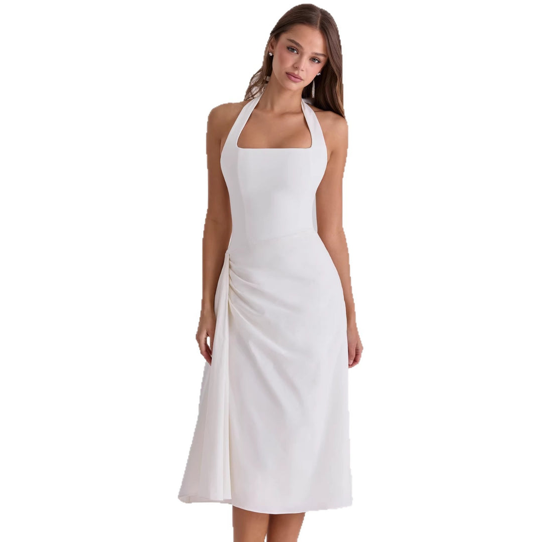Damen Cocktailkleid mit seitlicher Drapierung und Halterneck-Design EB
