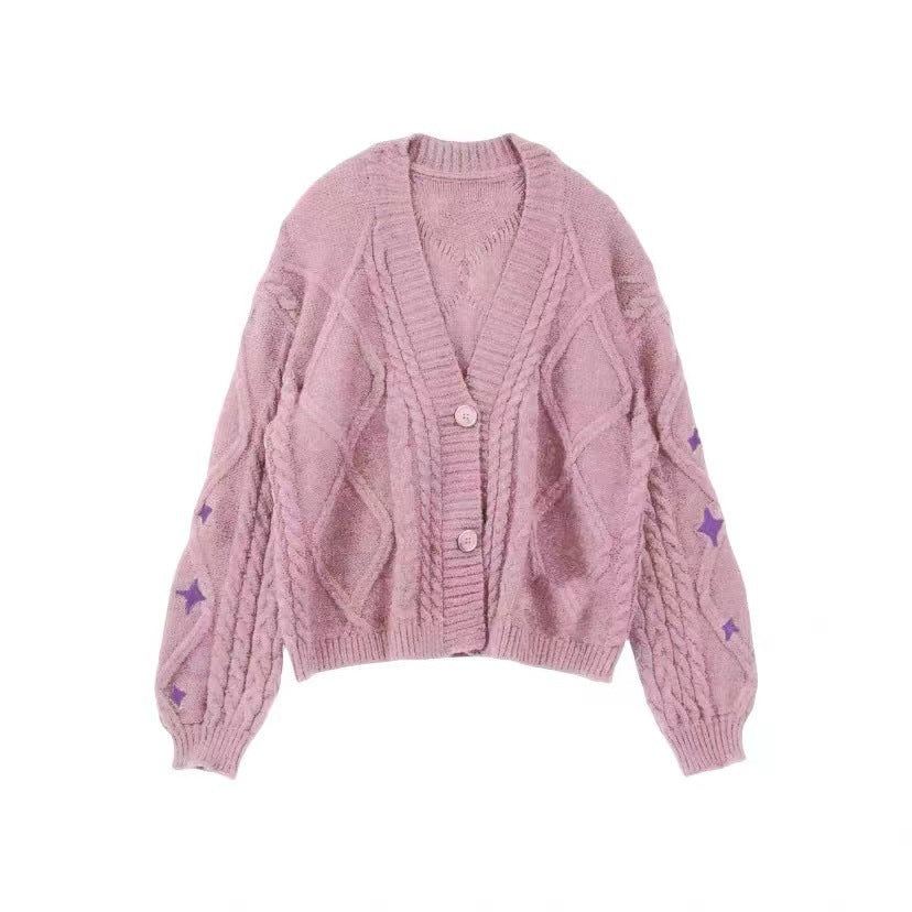 Damen nan oversize Strickcardigan mit Zopfmuster und Sternapplikationen V-Ausschnitt Knopfleiste EB