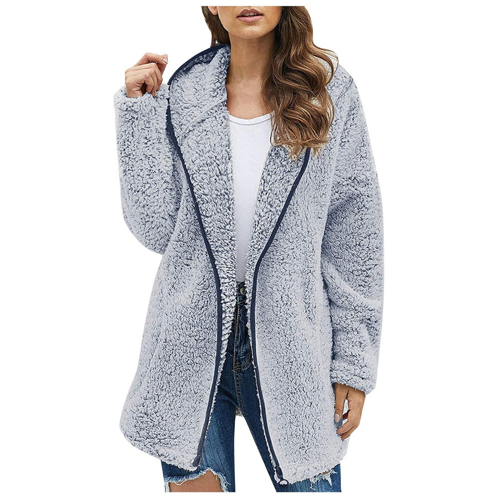 Damen Flauschige Kapuzenjacke im oversized Schnitt mit Eingrifftaschen und Reißverschluss EB