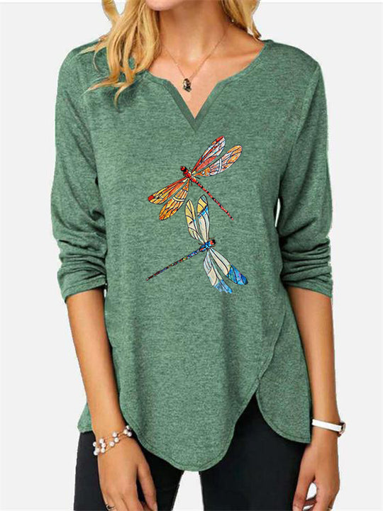 Damen V-Ausschnitt Langarmshirt mit Drachenfliegen-Print EB