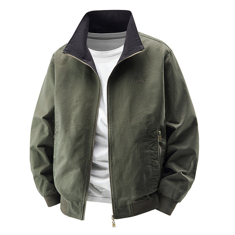 Men's  zip-up cotton twill bomber jacket with contrasting stand collar and ribbed cuffs EB