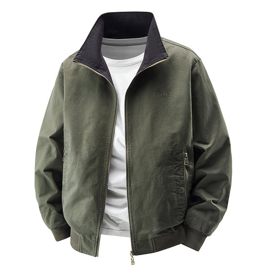 Men's  zip-up cotton twill bomber jacket with contrasting stand collar and ribbed cuffs EB