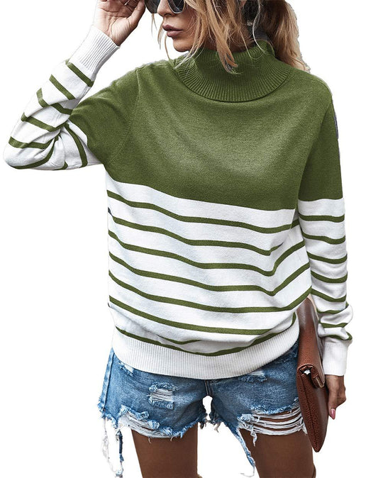 Damen Strickpullover mit einem modernen Hochkragen und breitem Streifenmuster EB