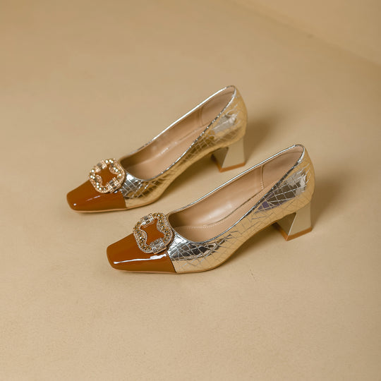 Damen elegante Pumps mit glänzender Schnalle und modischem Blockabsatz EB
