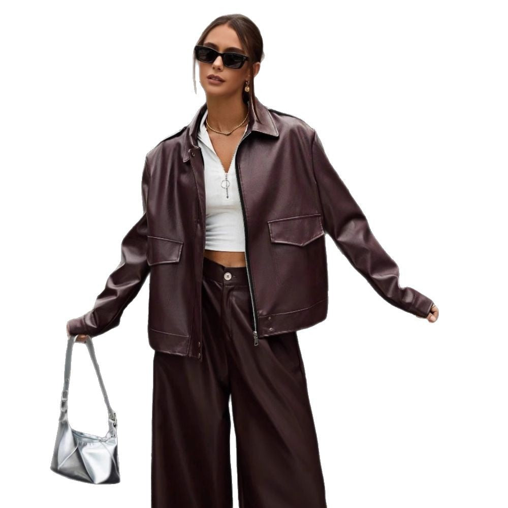 Damen modische Kunstlederjacke im Oversized-Stil EB