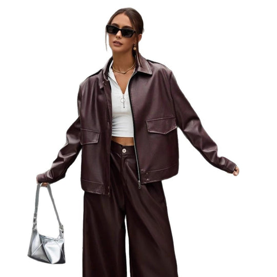 Damen modische Kunstlederjacke im Oversized-Stil EB