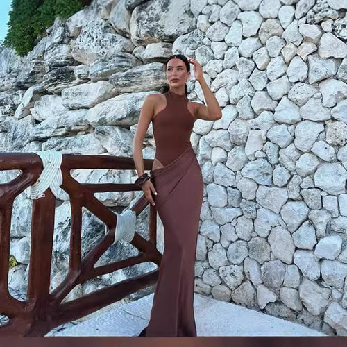Damen Elegantes bodenlanges Kleid mit hochgeschlossenem Kragen und asymmetrischer Drapierung EB